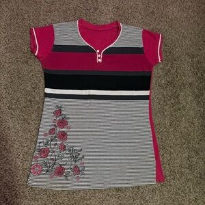 Y2K Pink and black striped baby tee with rose graphic front and back
